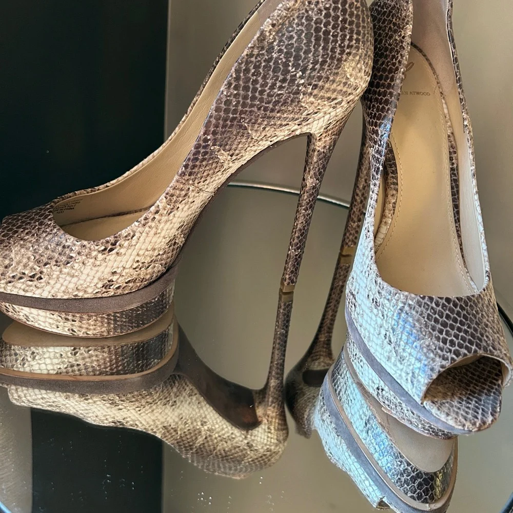 Peep-Toe Platform Pumps in Neutral Snake Print